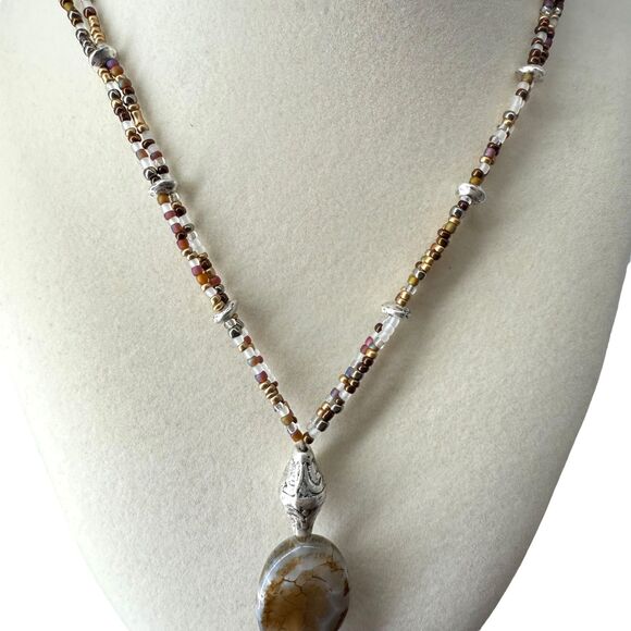 J. Jill Multi-Beaded Strand Necklace Long Agate Pendant Tassel Statement Metal - Picture 6 of 10